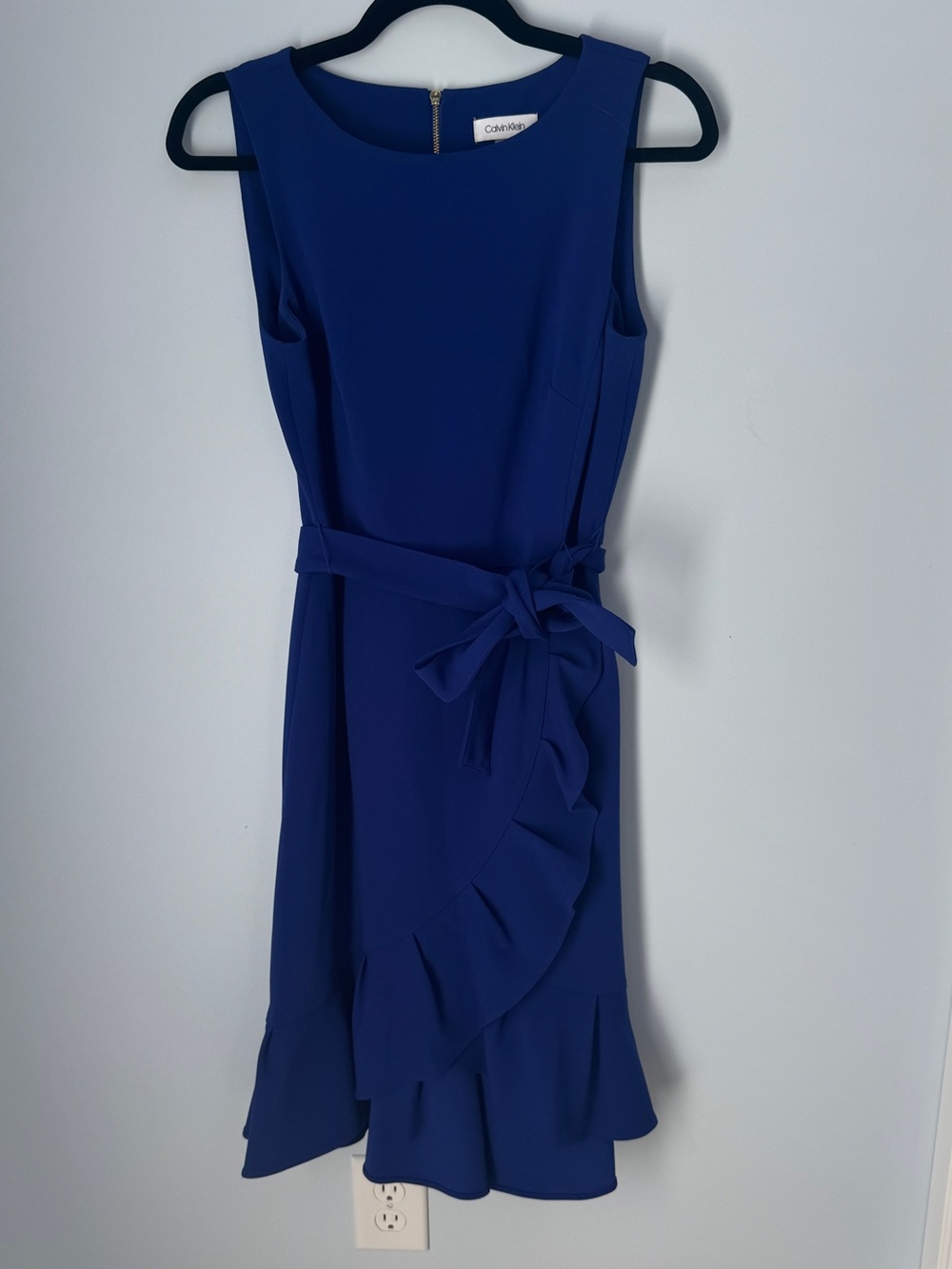 Calvin Klein Royal Blue Cobalt Sapphire Sleeveless Ruffled Belted Dress